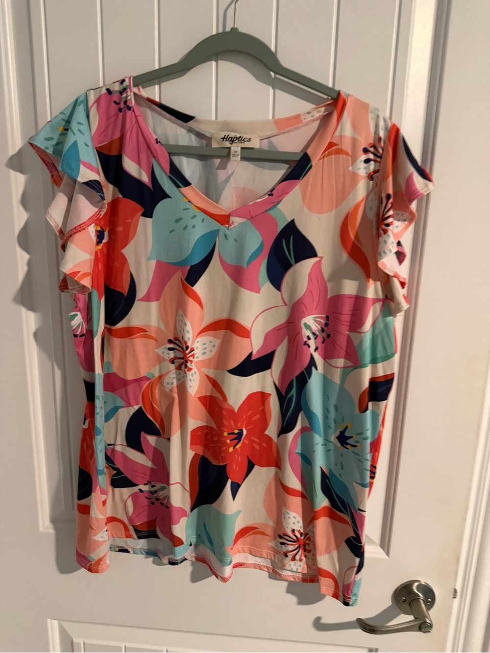 Haptics by Holly Harper Floral Flutter Sleeve Top 2X Pink Blue Tropical